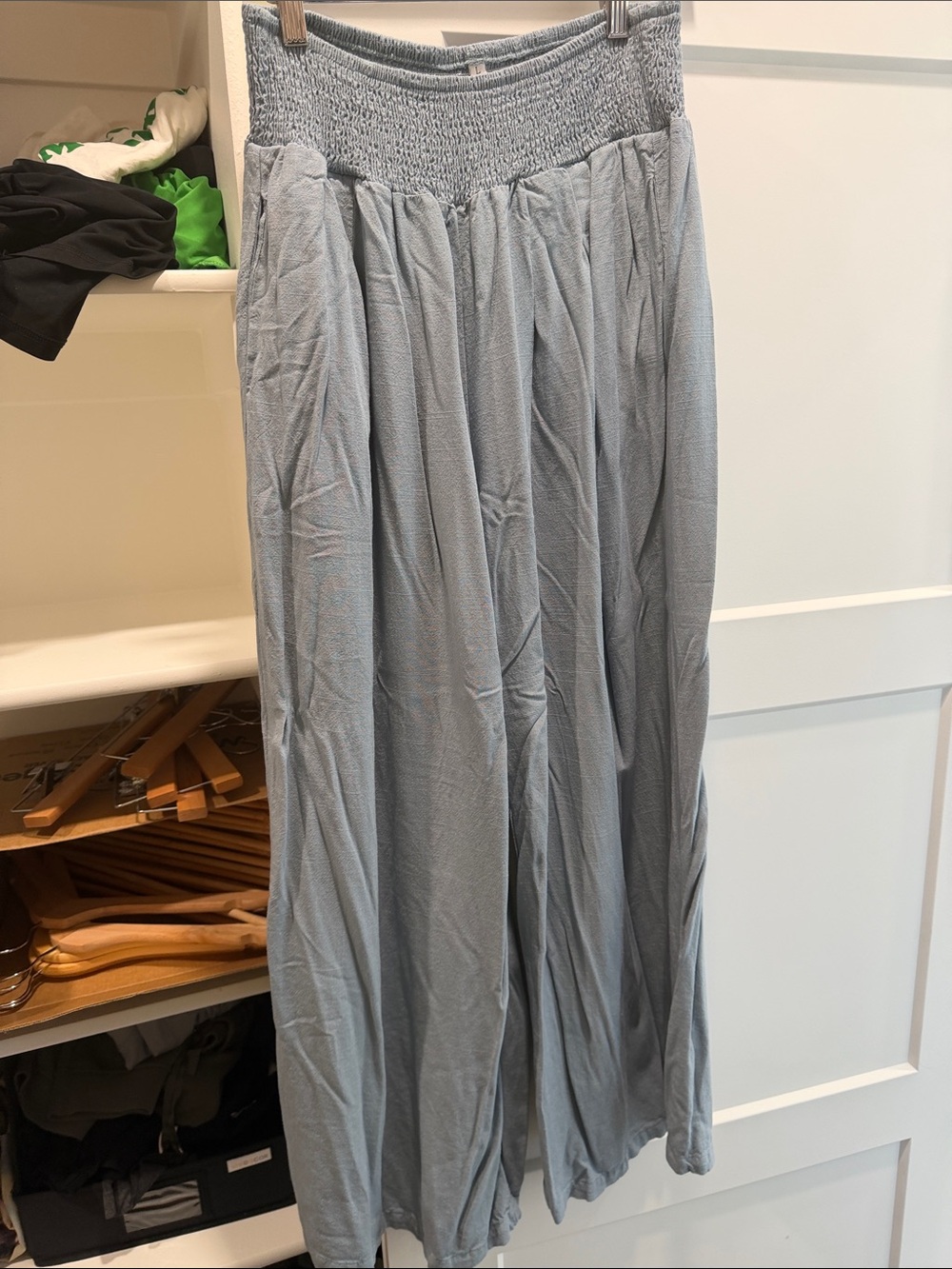 Smocked-Waist Wide Leg Pants in Light Blue